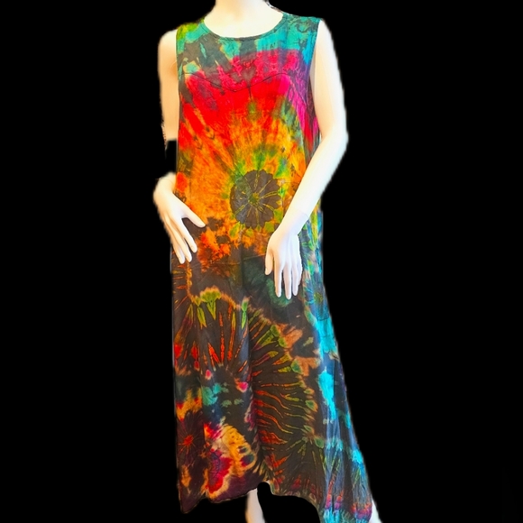 TIE DYE Colorful Rayon Flowy Midi Shift Dress OS NEW - Picture 3 of 8